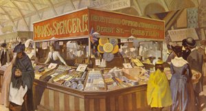 Um posterior Market Hall Bazaar, o endereço da nova sede e armazém é mostrado, 1890 de English School