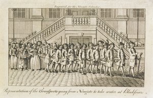Uma linha de prisioneiros acorrentados da Prisão de Newgate, Old Bailey, sendo levados para Blackfriars para o transporte, c.1760 de English School