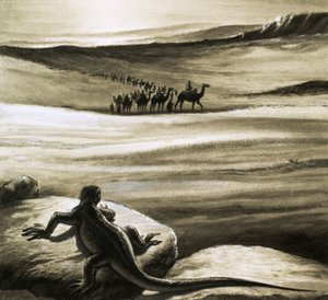 Um lagarto observa um comboio de camelos a atravessar o deserto de English School