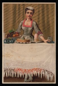 Uma empregada ou uma garota servindo uma mesa com comida, cartão de felicitações. (chromolitho) de English School