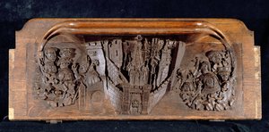 Um misericordioso que retrata uma cidade murada com um portal com uma ponte levadiça elevada, New College Chapel, Oxford, final do século XIV (madeira)