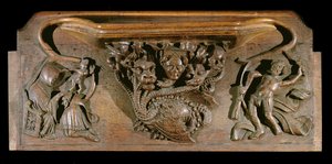 Um misericordioso que descreve uma hidra elaboradamente esculpida, simbolizando os sete pecados mortais, incorporando uma cabeça humana realista, New College Chapel, Oxford, final do século XIV (madeira)