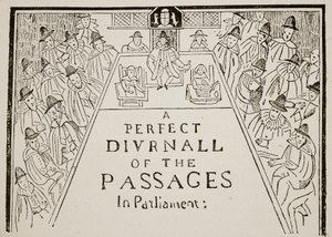 Um título de jornal, do século XVII, ilustração de Hutchinsons História da nação britânica, c.1923 de English School