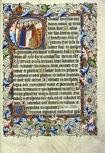 Uma página de um saltério em latim, com uma inicial historiada representando um grupo de monges diante de um púlpito entoando, c.1455 de English School