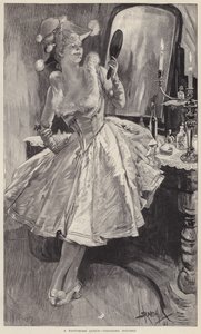 Uma rainha pantomima a dar os retoques finais à sua maquilhagem (litho) de English School