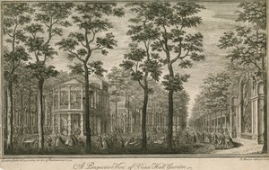 Uma vista em perspectiva de Vauxhall Gardens, Londres de English School