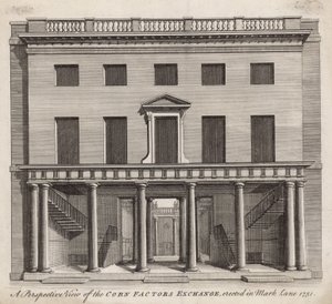 Uma visão em perspectiva da troca dos fatores do milho, erigida em Mark Lane 1751 de English School