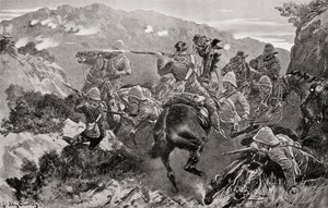 Um piquete de 13º Hussardos surpreendido perto do rio Tugela, Hussar Hill, província de KwaZulu-Natal, durante a Segunda Guerra dos Bóeres, de "South Africa and the Transvaal War", de Louis Creswicke, publicado em 1900 (litografia) de English School