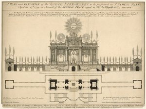 Um plano e elevação do Royal Fireworks a ser realizado no St Jamess Park, 27 de abril de 1749 de English School