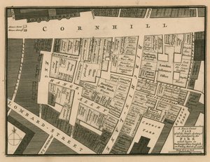 Um plano de casas destruídas no incêndio que começou no beco Exchange, Cornhill, Londres, em 25 de março de 1748 de English School