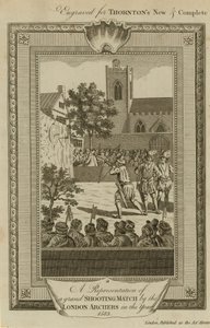 Uma representação de uma grande partida de tiro pelos arqueiros de Londres no ano de 1583 de English School