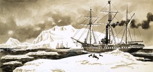 Um navio transita entre as geleiras do Ártico de English School