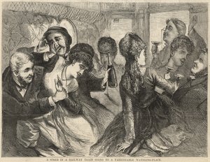 Uma farra em um trem ferroviário indo para um lugar de rega da moda de English School
