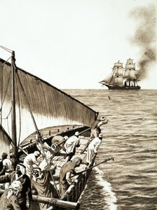 Um navio a vapor no horizonte, um dhow árabe em primeiro plano de English School