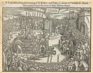 Uma tabela que descreve a queima do bispo Ridley e do padre Latimer em Oxford
