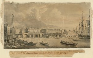 Uma vista da Ponte de Londres antes da alteração tardia, como no ano de 1757 de English School