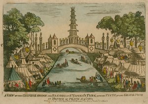 Uma vista da ponte chinesa e pagode em St Jamess Park com as tendas no Grand Fete em honra da paz, 1 de agosto de 1814 de English School