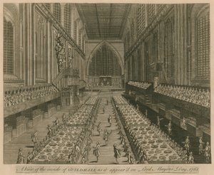 Uma visão do Guildhall, Londres, como apareceu no Lord Mayors Day, 1761 de English School