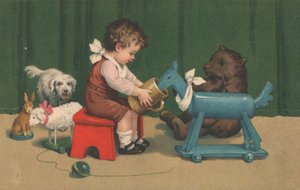 Um, menino jovem, senta-se, tocando, com, seu, brinquedos, em, um, berçário de English School