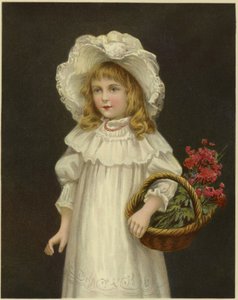 Um, menina jovem, vestido branco, segurando, um, cesta, de, flores vermelhas de English School