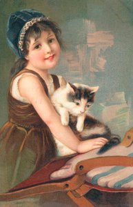 Um, menina jovem, posar, com, um, gato de English School