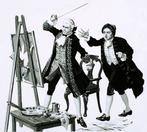 Um jovem cortou um retrato pouco lisonjeiro de seu pai por Hogarth com uma espada (guache no papel) de English School