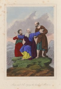 Aarão e Hur a segurar as mãos de Moisés (gravura a cores) de English School