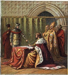 Abdicação do Rei Ricardo II da Inglaterra (1367-1400) em 1399 a favor de seu primo Henrique (Henrique IV da Inglaterra) de English School