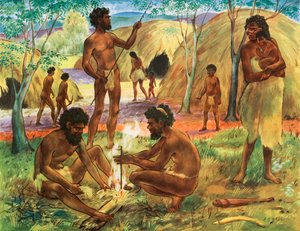 Aborígenes a fazer fogo (litografia a cores) de English School