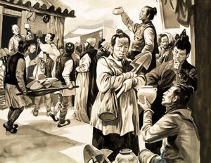 Há cerca de mil anos, na China, os clientes negociavam com os comerciantes por mercadorias e pagavam em pás (guache em papel) de English School