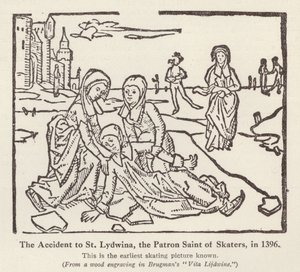 Acidente com Santa Lydwina, padroeira dos patinadores, em 1396 (litho) de English School