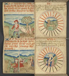 Acrescentar. 17367, f.6r Leão & Virgem, de Almanaque, contendo tabela de letras dominicais e números dourados; direcções para encontrar as festas móveis; calendário de Santos, épocas, lista de Soberanos ingleses, prognósticos do tempo, influência dos sinai de English School
