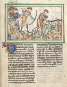 Adicionar 35166 f.35 Pessoas sendo mortas, cenas bíblicas do Apocalipse de São João, Apocalipse em latim com comentários (tinta e cor em pergaminho) de English School