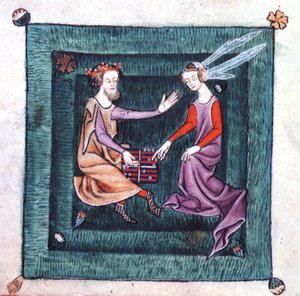 Adicionar 42130 fol.76v Um rei e uma dama sentados em um jardim, jogando um jogo de tabuleiro semelhante ao gamão, do Saltério de Luttrell, iniciado antes de 1340 para Sir Geoffrey Luttrell (velino) de English School