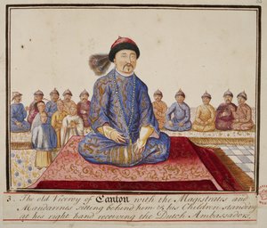 Acrescentar. 5353, f.65 O vice-rei de Cantão com magistrados e mandarins, os seus filhos à sua direita recebendo os embaixadores holandeses, de "Colecções de trajes de várias nações". de English School