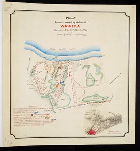 Acrescentar. 57717, placa 14, "Plano de terreno coberto por acção de Waireka, Taranaki N.Z., 28 de Março de 1860 (caneta & tinta & aguarela sobre papel) de English School