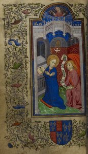 Acrescentar. 65100, f.27v The Annunciation, Hours of Catherine de Valois, c.1420-22 (vellum) de English School