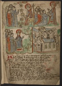 Acrescentar MS 37049, f.22 The Carthusian Miscellany (Religious Prose and Verse) em inglês do Norte, incluindo um epítome (resumo) das viagens de Mandeville (tinta e cor sobre papel) de English School