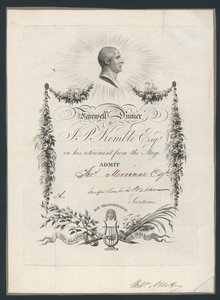 Bilhete de admissão para o jantar para celebrar o adeus de John Kembles ao palco, 1819