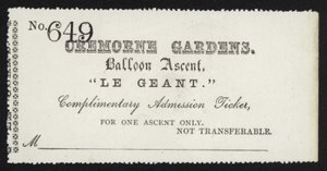 Bilhete de admissão para a subida do balão Le Geant de Cremorne Gardens, Londres de English School