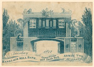 Bilhete de entrada para uma grande festa de gala e baile em Ranelagh Gardens, Millbank, Londres. 1812 de English School