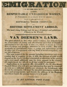 Anúncio relacionado com a emigração de mulheres jovens para Van Diemens Land de English School