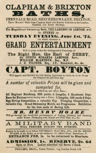 Anúncio para Clapham e Brixton Baths, Estrada Ferndale, Shepherds Lane, Brixton, Londres; apresentando o Capitão Boyton de English School