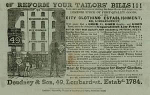 Anúncio para Doudney & Son, estabelecimento de vestuário da cidade, 49 Lombard Street, London de English School