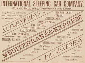 Anúncio para International Sleeping Car Company, 122 Pall Mall e 5 Graceshurch Street, 1888 de English School