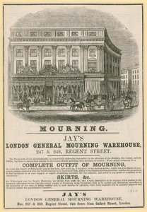 Anúncio para Jays, Londres General Mourning Warehouse, 247 e 249 Regent Street, Londres de English School