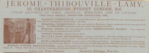 Anúncio para Jerome Thibouville-Lamy, 10 Charterhouse Street, Londres, fabricante de instrumentos de English School