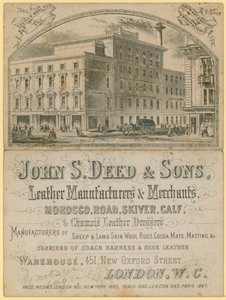 Anúncio de John S Deed & Sons, fabricantes de couro e comerciantes, 451 New Oxford Street, London