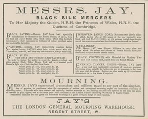 Anúncio para os senhores Jay, o armazém de luto geral de Londres, Regent Street de English School