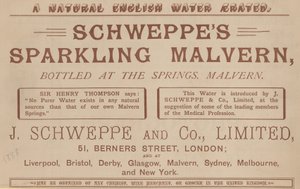 Anúncio para Schweppes Espumante Malvern, engarrafado nas molas, Malvern de English School